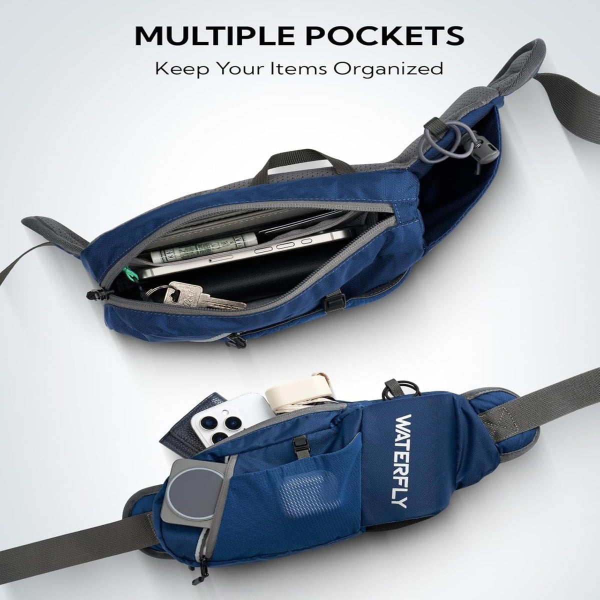 WATERFLY Unisex with Bottle Holder Running Walking Hiking Nylon Fanny Pack Waist Bag,,Blue