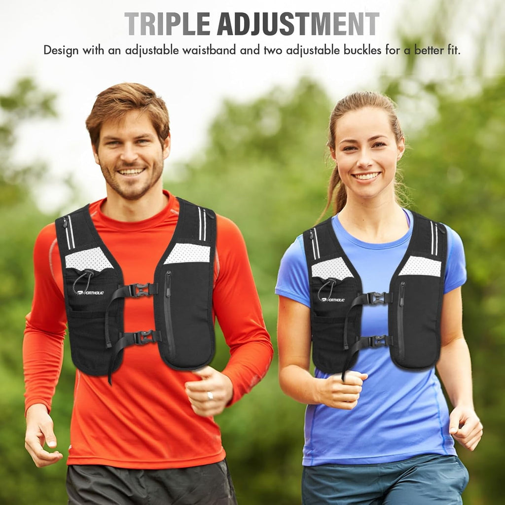 PORTHOLIC Running Vest for Women Men with 500ml/17oz Water Bottle |Adjustable Hydration Vest|Reflective |Lightweight |6 Pockets |Breathablefor Running Accessories for Hiking Running (Black,Large)