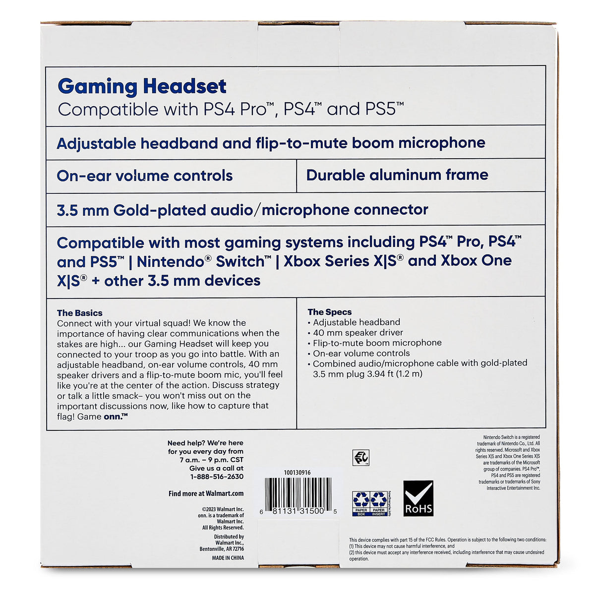 onn Wired Gaming Headset Compatible with PlayStation PS4 and PS5, Black and White