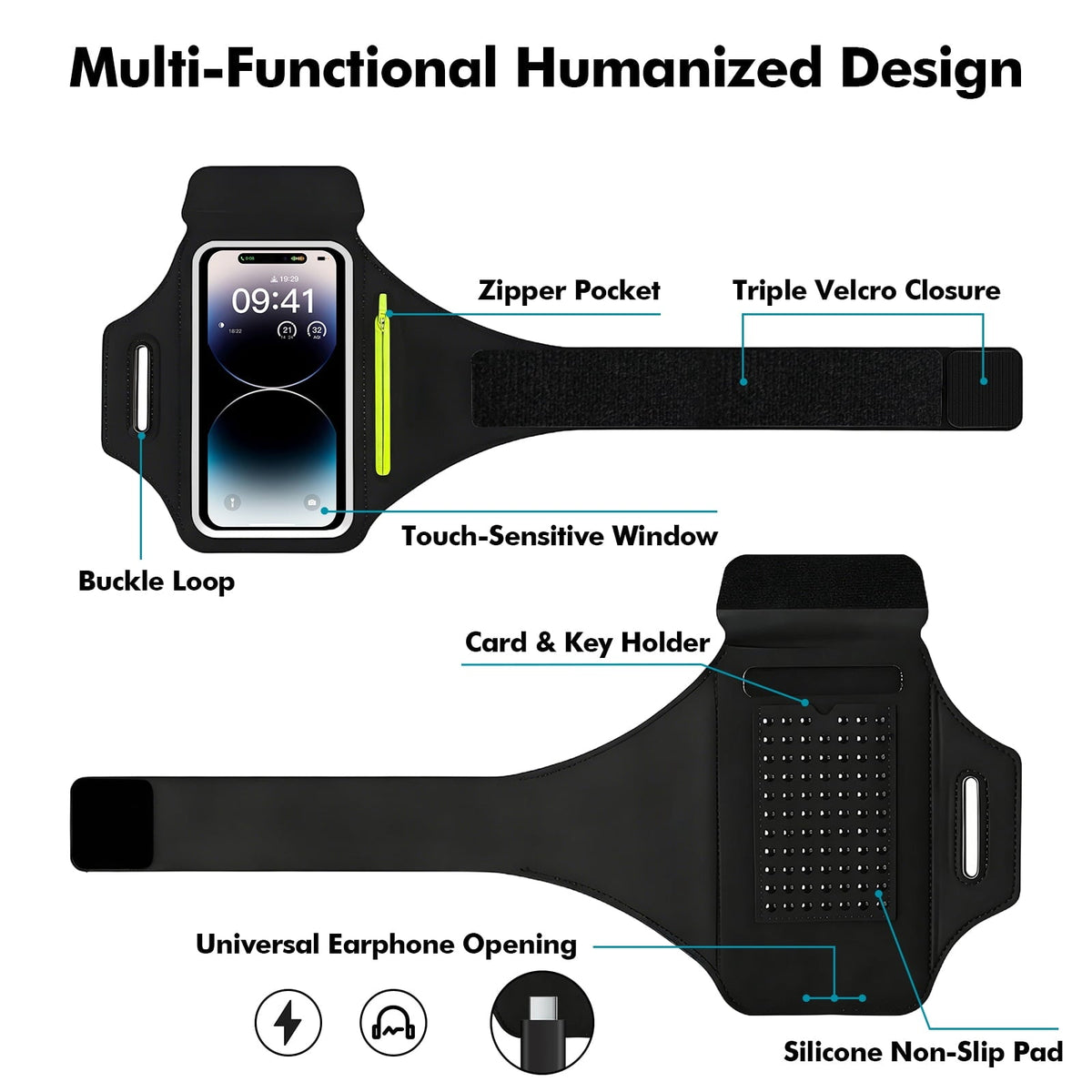 Atzeste Cell Phone Running Armband with Earphone Bag, Sweatproof Arm Band Phone Holder, Fits 6.9" Phones Compatible with iPhone 17 16 15 14 13 12 Pro Max/Plus/XR/XS, Galaxy S25-S22