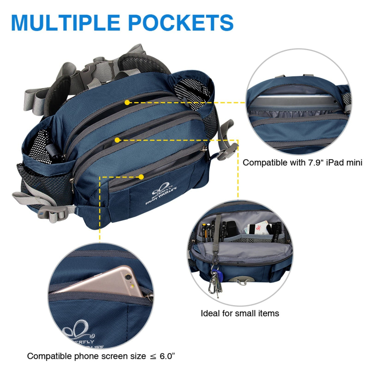 WATERFLY Unisex Large Capacity Hiking with Bottle Holder Nylon Fanny Pack Waist Bag,Gray
