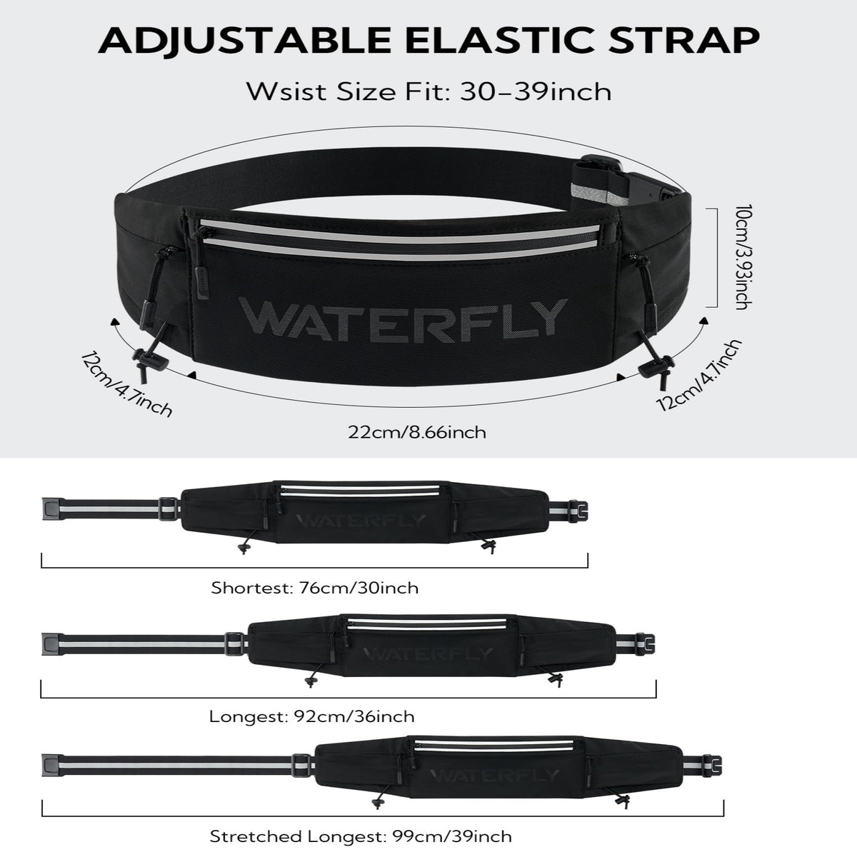 WATERFLY Unisex Adjustable Sports Jogging Fitness Nylon Running Waist Belt Band,Black