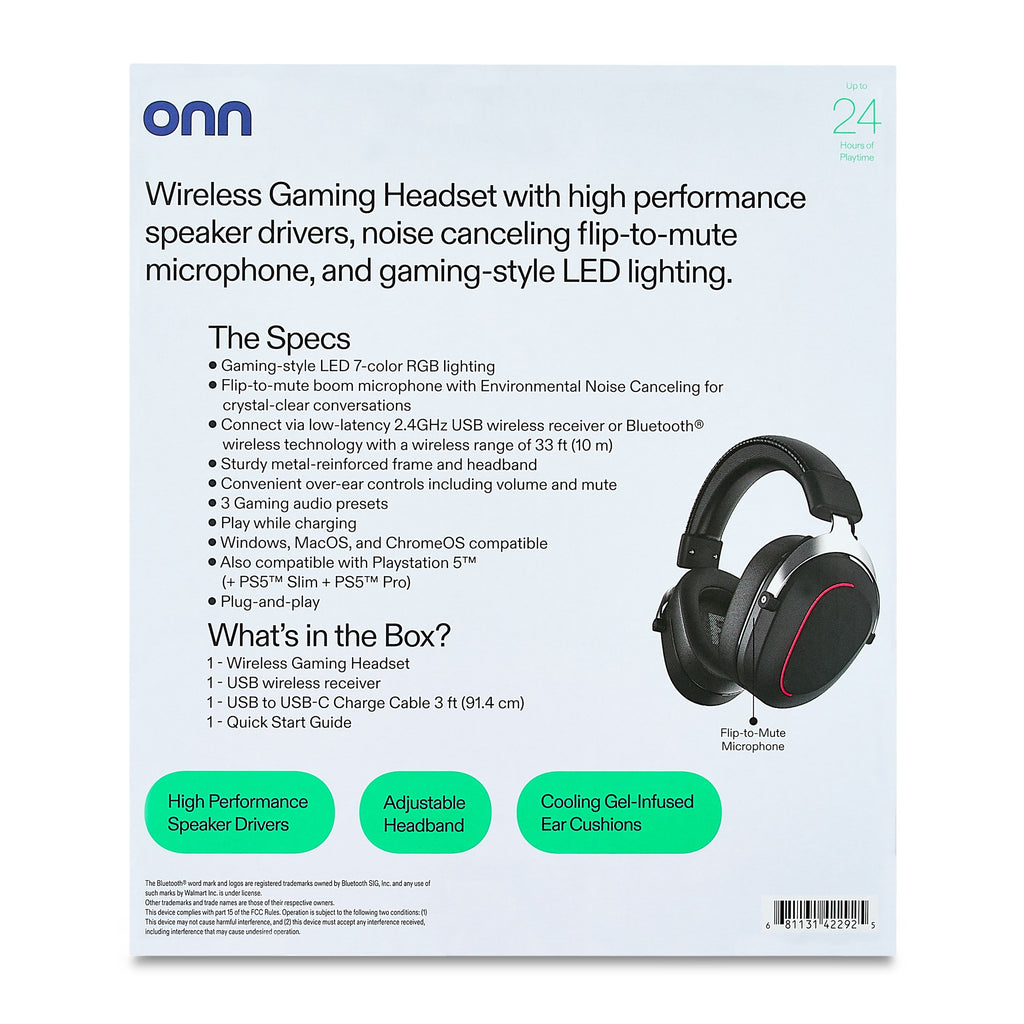 onn PC Wireless Gaming Headset - 2.4Ghz & Bluetooth Dual Mode - 24 Hours Playtime - Ultimate Comfort Cooling Gel Earpad