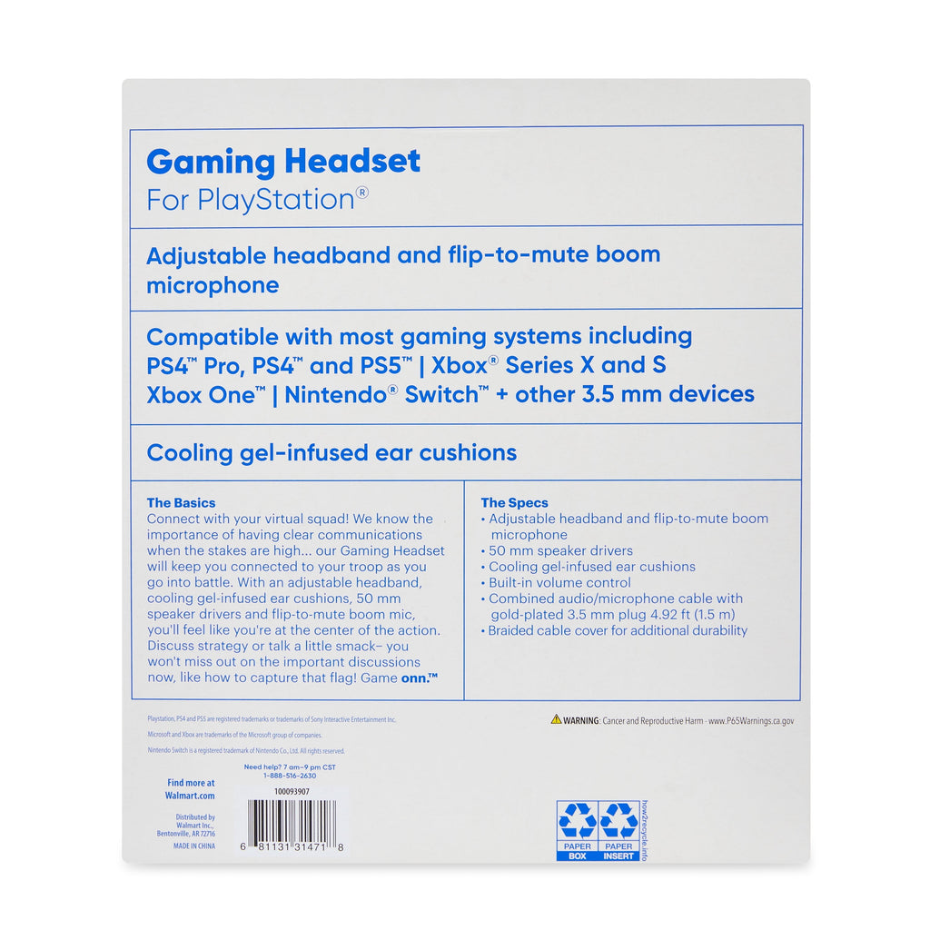 onn Wired Gaming Headset Compatible with PlayStation, Black and Blue