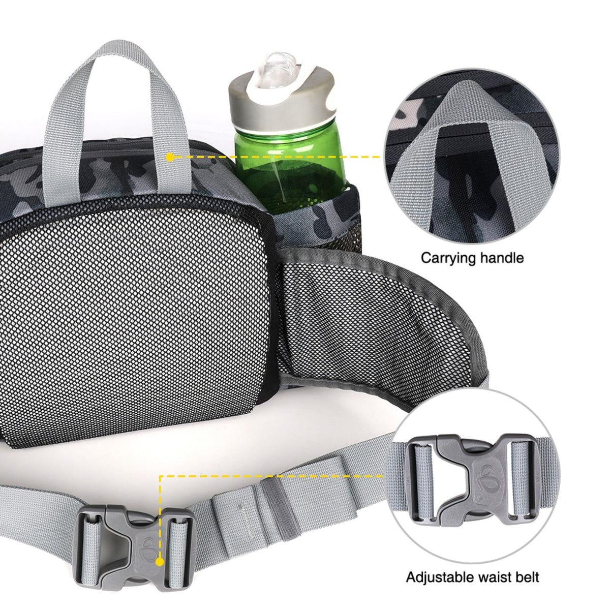 WATERFLY Unisex Large Capacity Hiking with Bottle Holder Nylon Fanny Pack Waist Bag,Gray