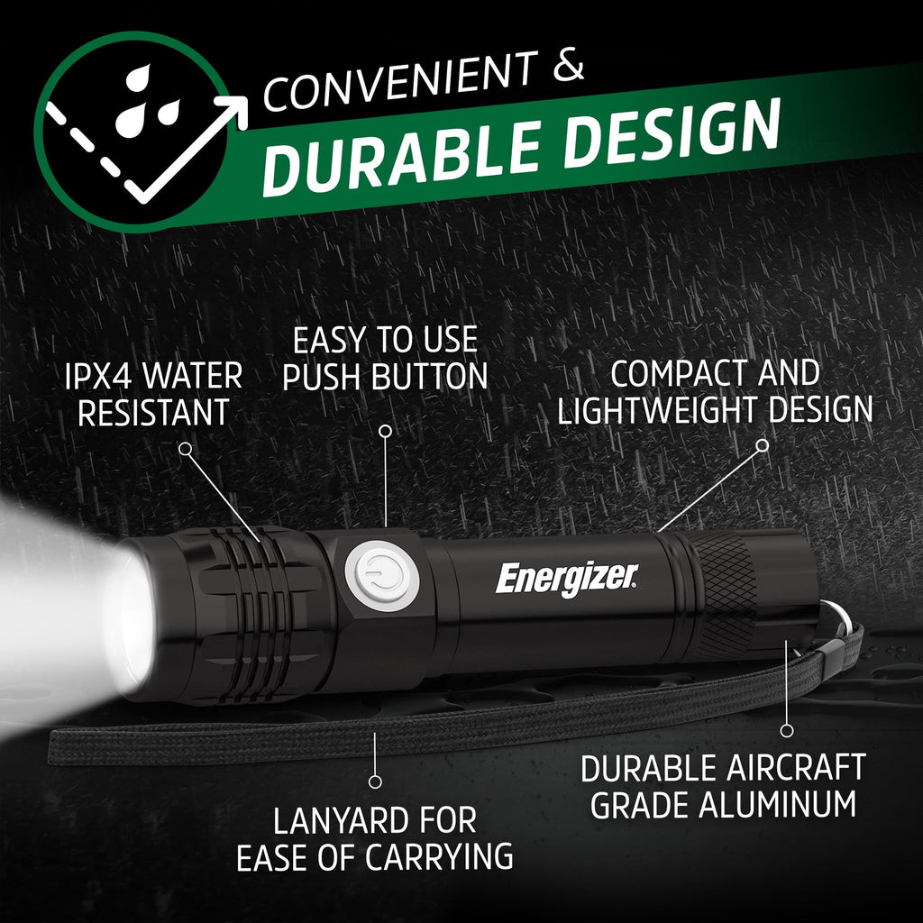 Energizer LED Rechargeable Flashlight - 350 Lumens with USB Cable, Durable Metal Light for Camping, Emergency, Running & Hunting