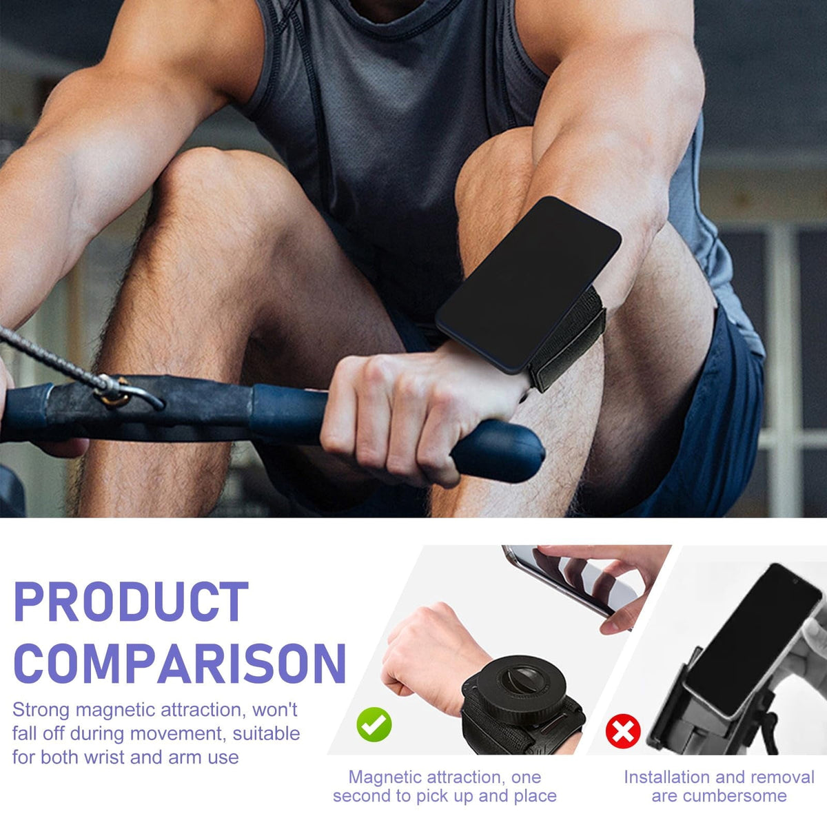 Magnetic Wristband Phone Holder for Running, Adjustable Sports Armband Cell Phone Holder, Hands-Free Phone Accessories Holder, for Biking Walking Selfies Videos Hiking Live Broadcast (Black)