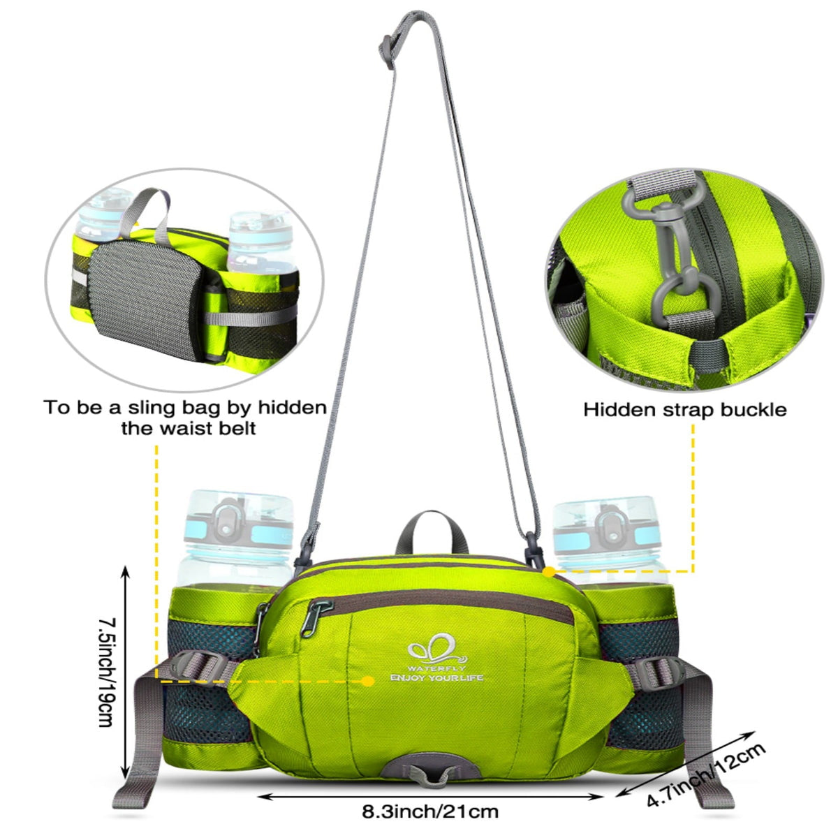WATERFLY Unisex Large Capacity Hiking with Bottle Holder Nylon Fanny Pack Waist Bag,Gray