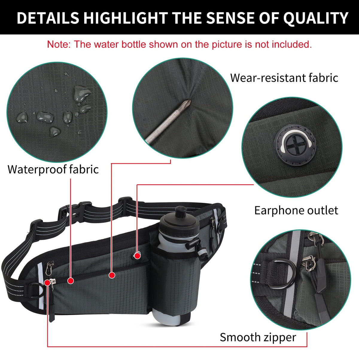 NFTIGB Running Belt Waist Pack Adjustable Hydration Bag with Water Bottle Holder for Runners Men Women, Black (10.63 inches / 27 cm)