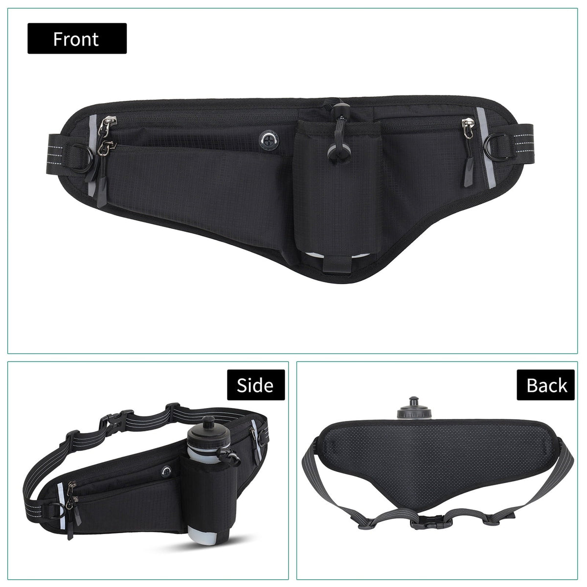 NFTIGB Running Belt Waist Pack Adjustable Hydration Bag with Water Bottle Holder for Runners Men Women, Black (10.63 inches / 27 cm)
