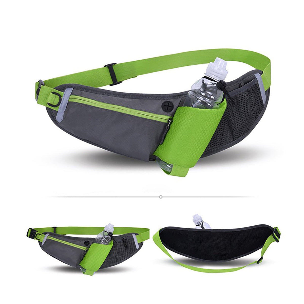 Hiroekza Running Belt with Water Bottle Sports Pack Waist Bag for Men & Women - Nylon Multifunctional Zipper Belt for Running Hiking Climbing - Adjustable Reflective Fitness Gear Accessories Black