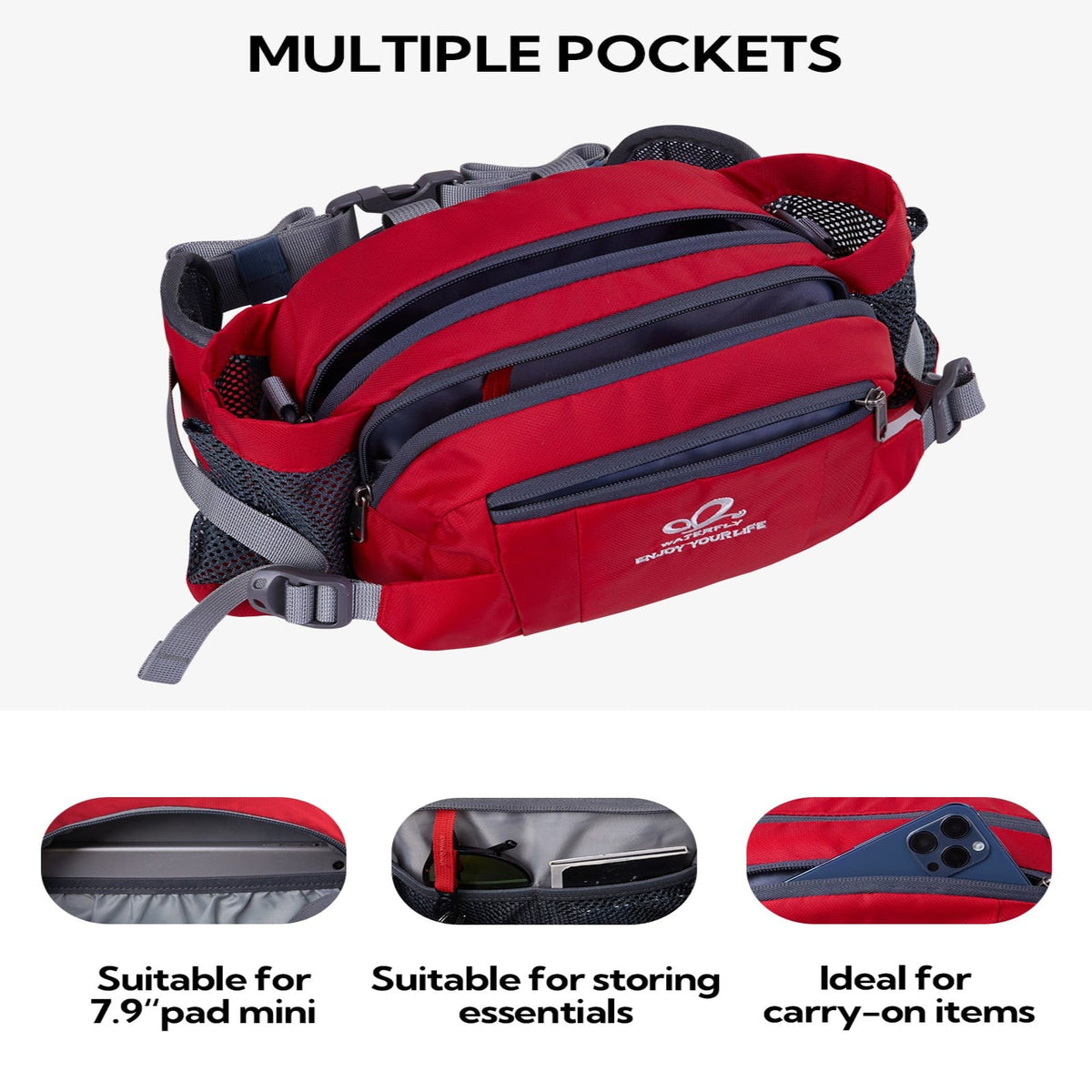 WATERFLY Unisex Large Capacity Hiking with Bottle Holder Nylon Fanny Pack Waist Bag,Gray
