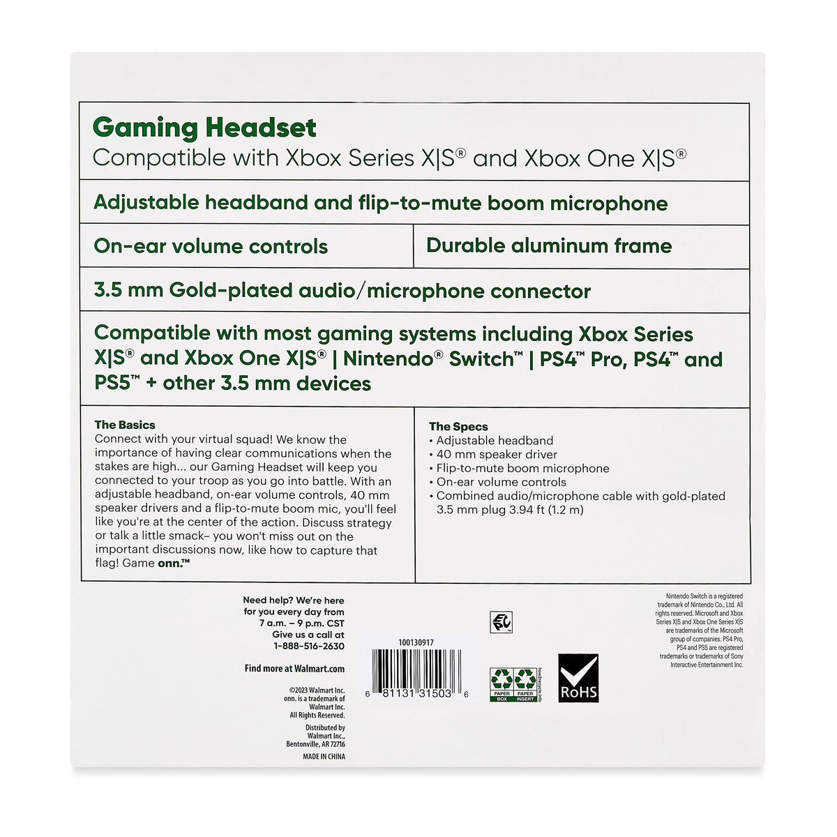onn Wired Gaming Headset Compatible with Xbox Series X/S and Xbox One X/S, Black and Green