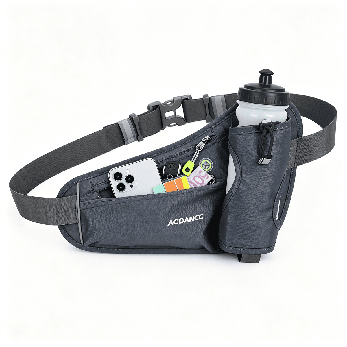 DESIGNICE 2026 New Running Belt Adjustable Fit Running Accessories Reflective Safety Tumbler Holder Dark Gray for Jogging Walking Cycling Fitness Outdoor Activities Night Runs Commuting