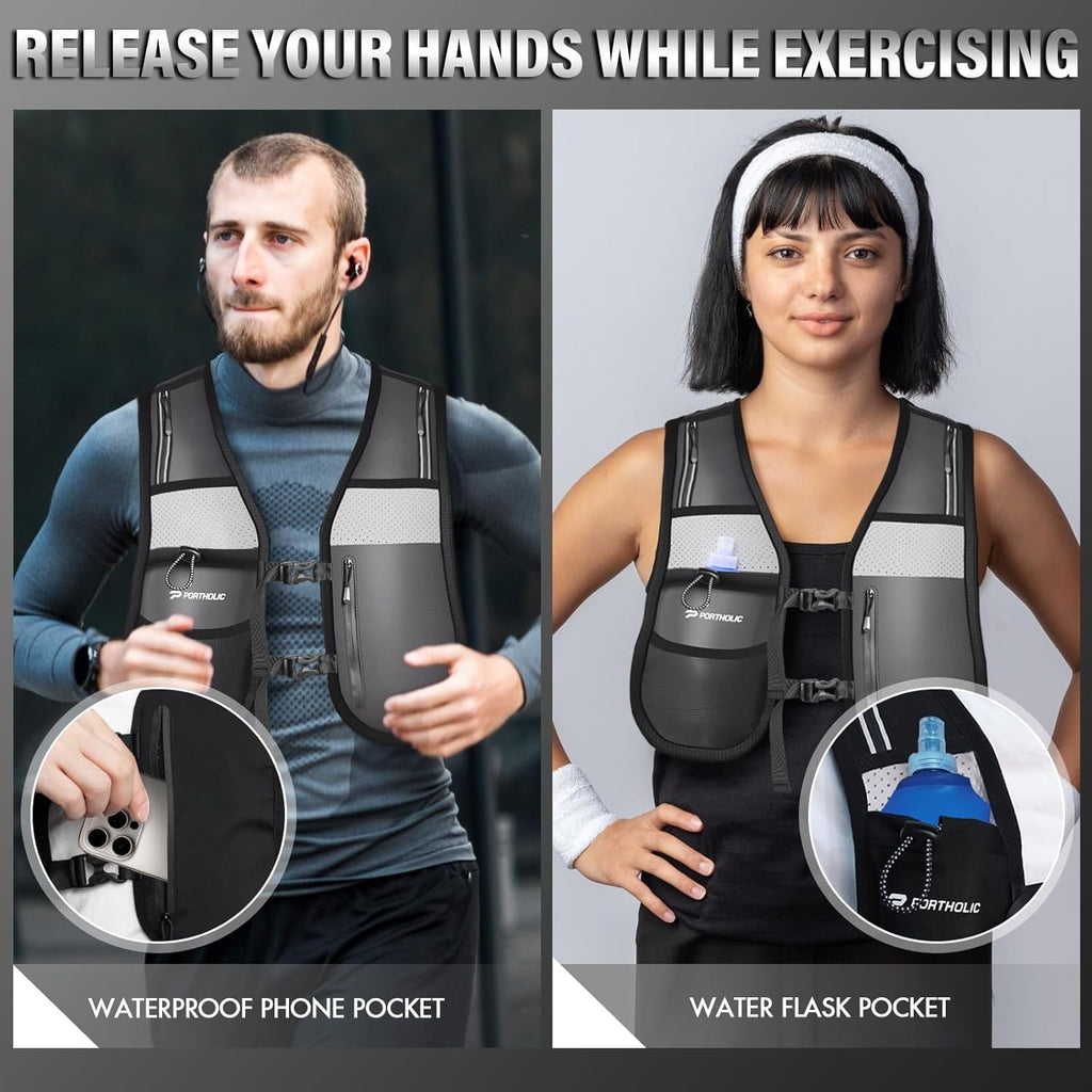 PORTHOLIC Running Vest for Women Men with 500ml/17oz Water Bottle |Adjustable Hydration Vest|Reflective |Lightweight |6 Pockets |Breathablefor Running Accessories for Hiking Running (Black,Large)